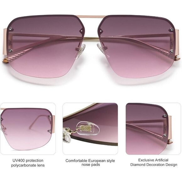 Trendy Aviator Sunglasses Mens Womens Retro Metal Rimless Purple Frame Shades - Picture 4 of 6